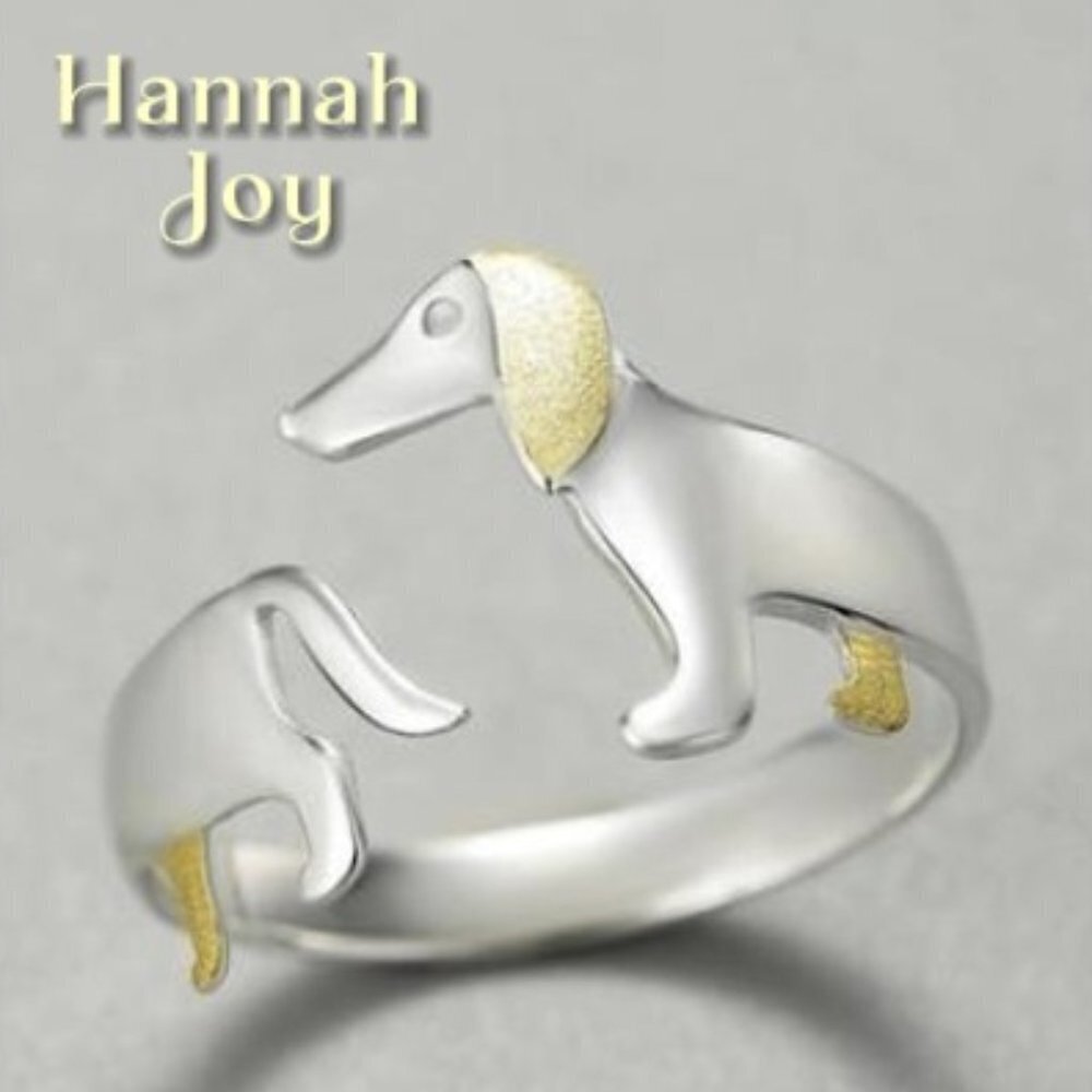 Artisan Handmade Unique 925 Sterling Silver 14K Gold-plated Dachshund Ring